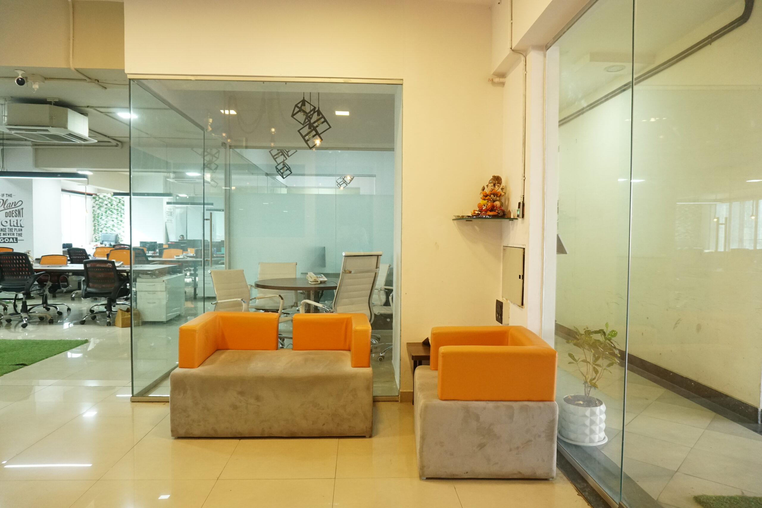 Welcome lounge with orange seating
